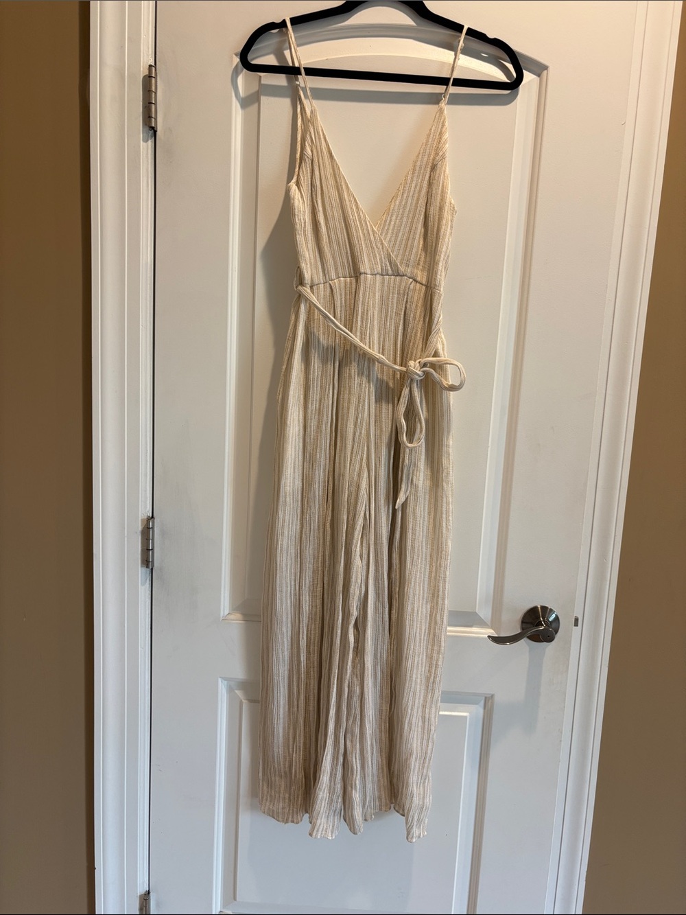 Womens Cream Cropped Wide-Open Slits Leg Jumpsuit with Thin Straps Size S